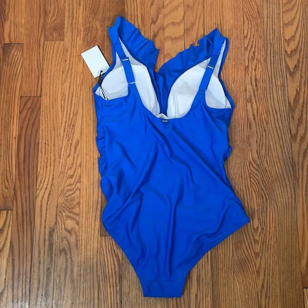 Dkny Ruffle Plunge Underwire Tummy‎ Control One-Piece Swimsuit Blue size 16 NWT